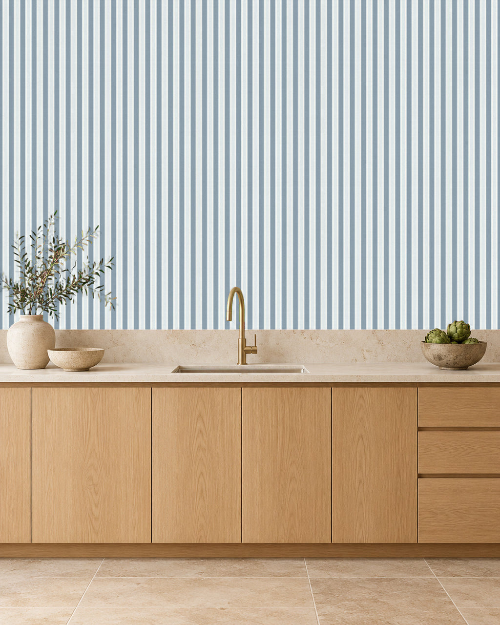 Mist Blue large-scale stripe wallpaper in kitchen