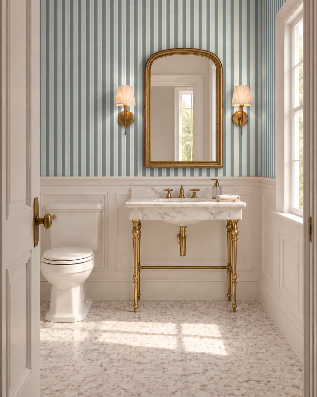 Mist Blue large-scale stripe wallpaper in bathroom