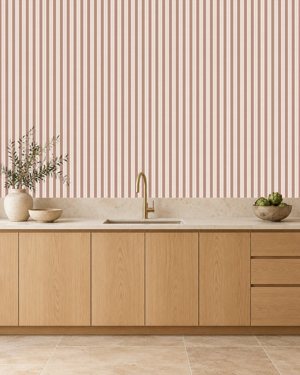 Dusty Clay large-scale stripe wallpaper in kitchen