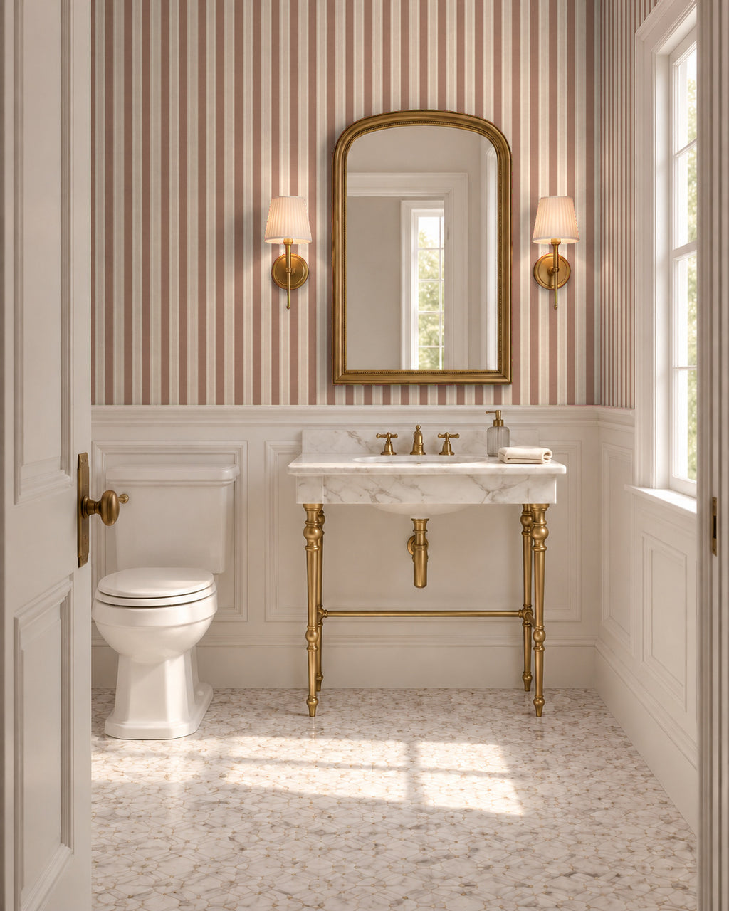 Dusty Clay large-scale stripe wallpaper in bathroom