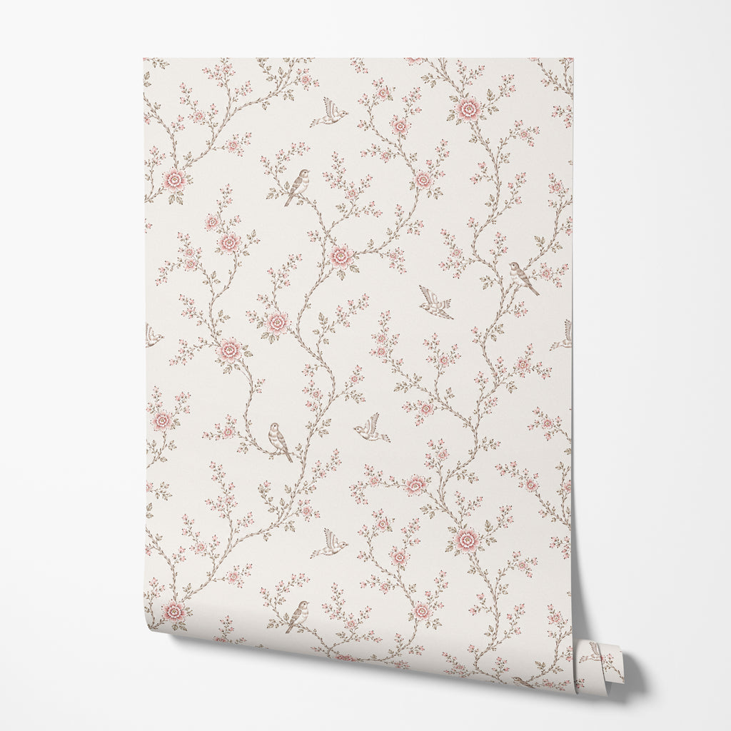 Soft Pink Botanical Bird Wallpaper