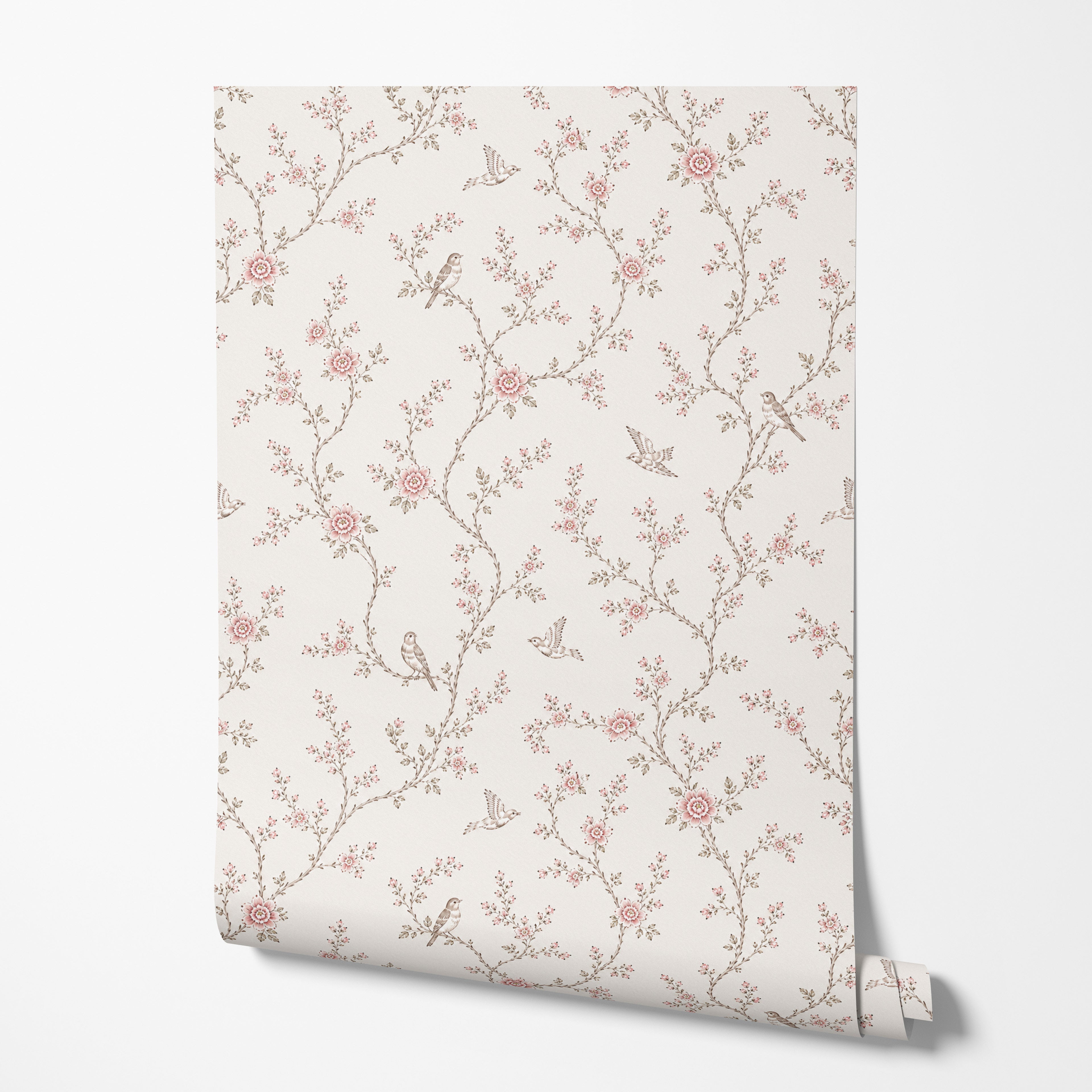 Soft Pink Botanical Bird Wallpaper