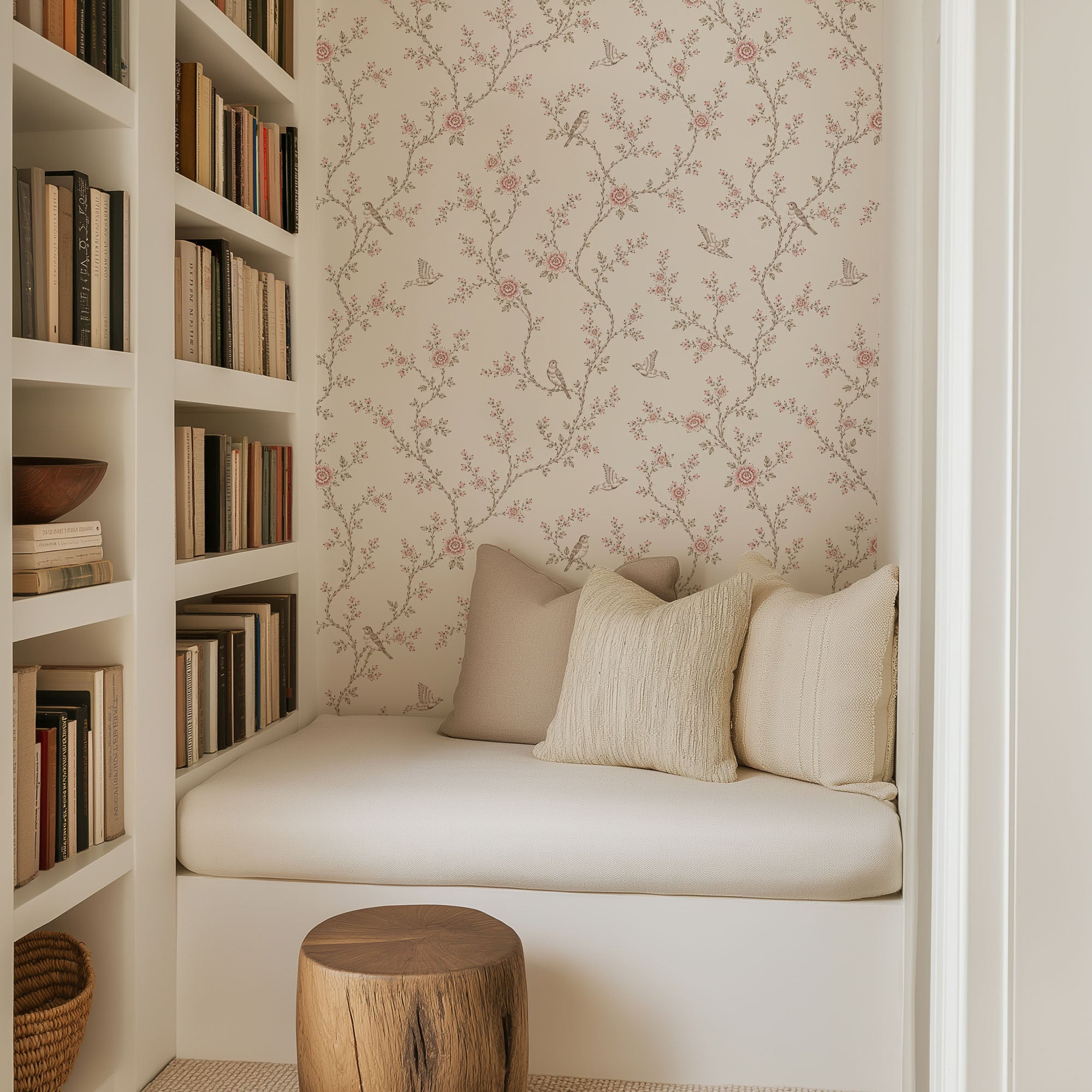 Soft Pink Botanical Bird Wallpaper
