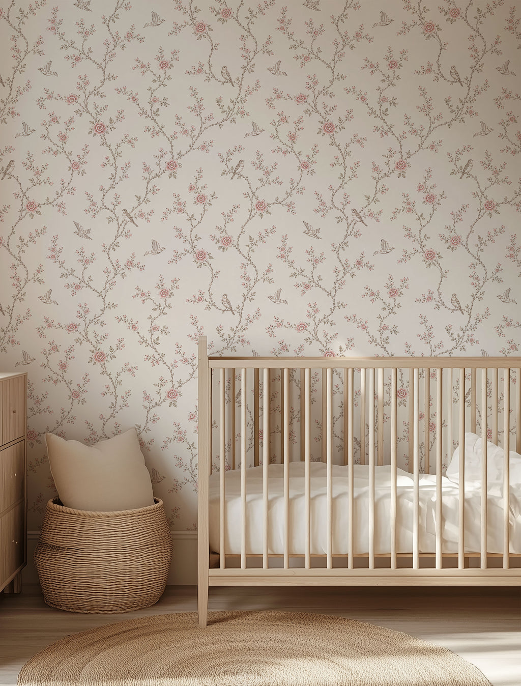 Soft Pink Botanical Bird Wallpaper