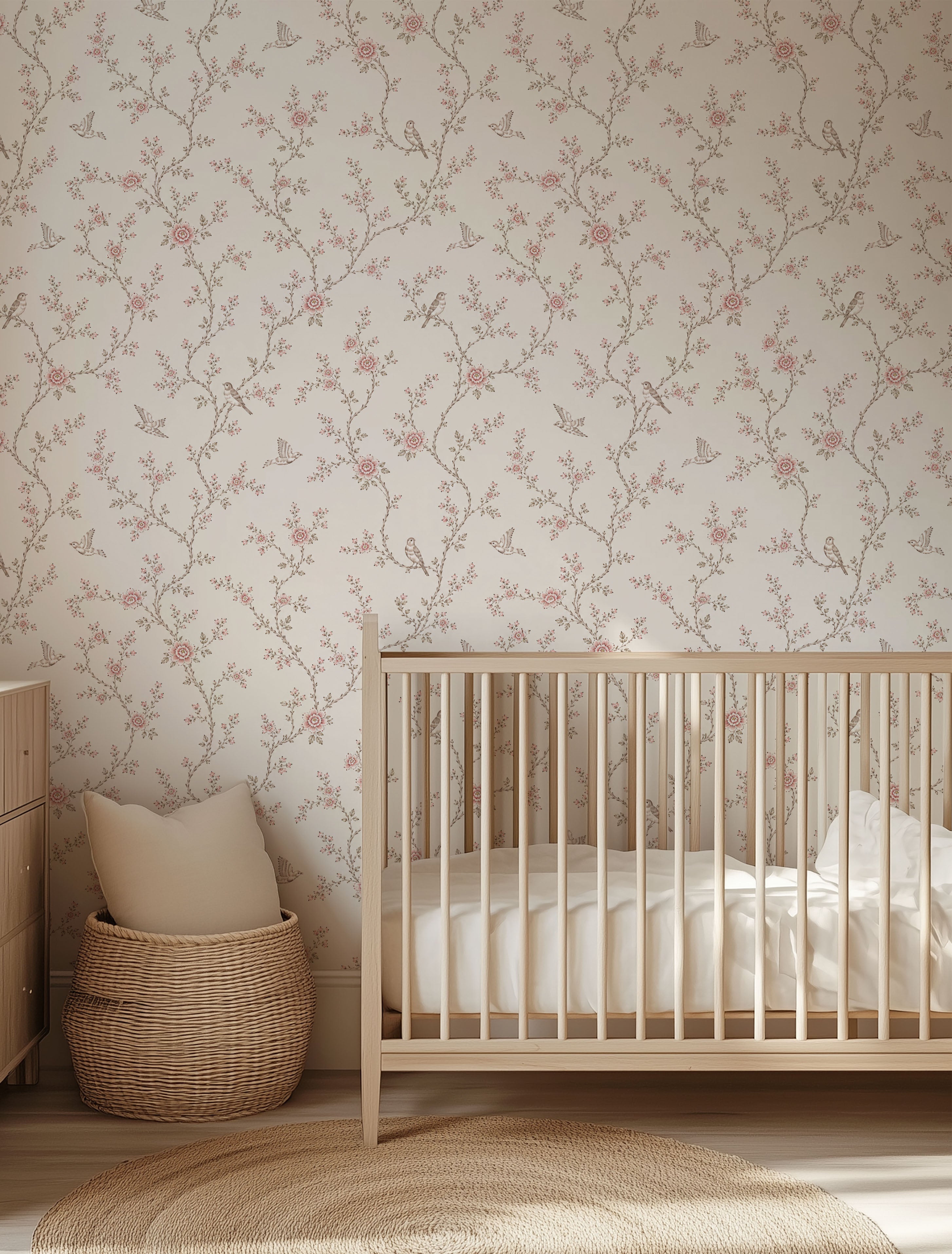 Soft Pink Botanical Bird Wallpaper