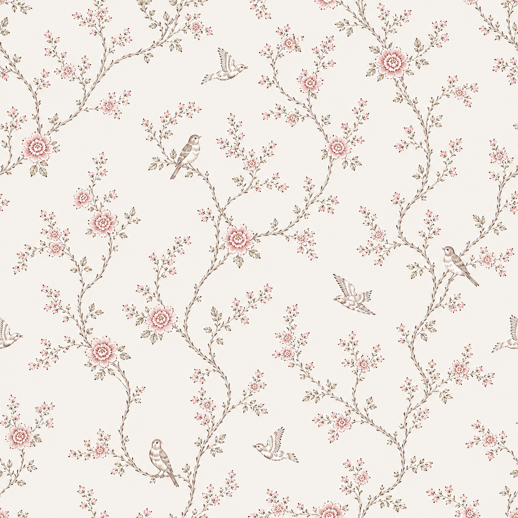 Soft Pink Botanical Bird Wallpaper