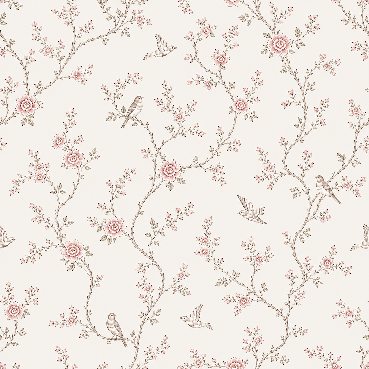 Soft Pink Botanical Bird Wallpaper