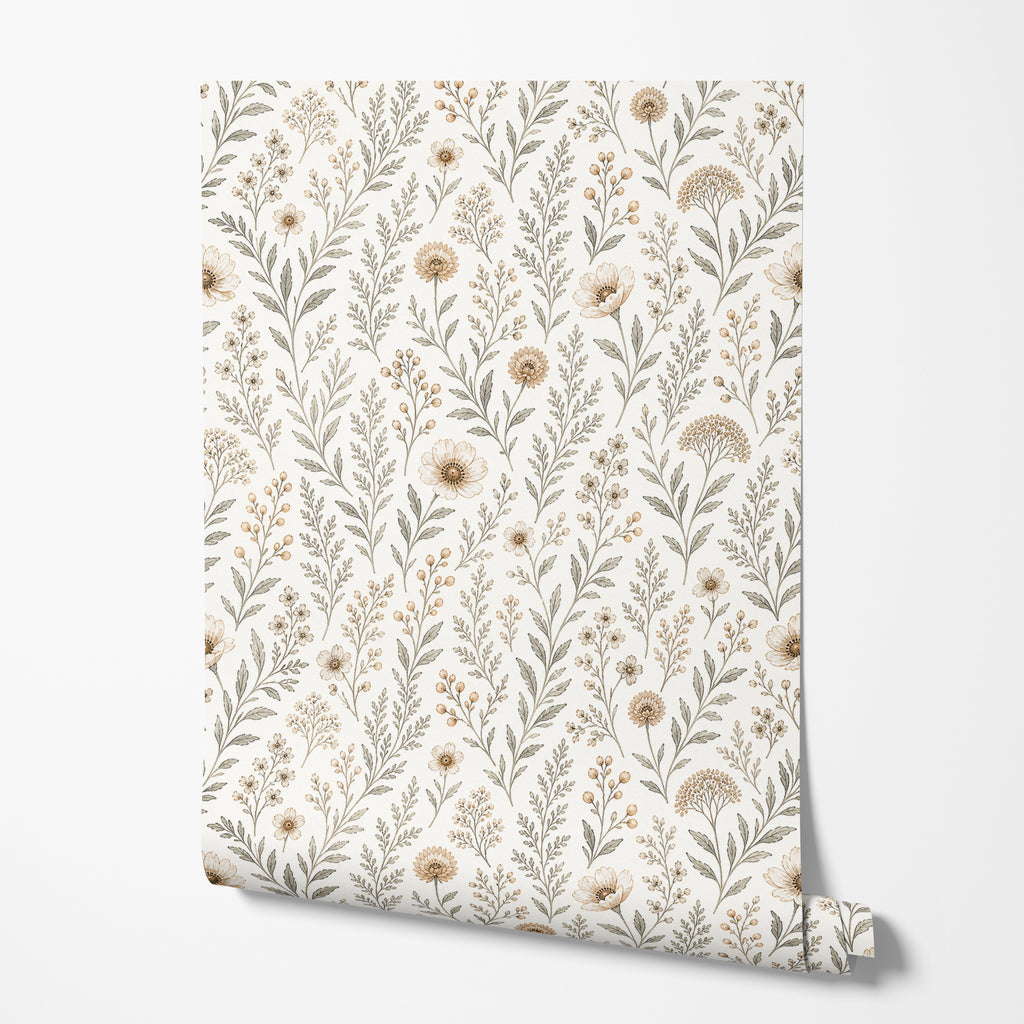 Beige Vintage Wildflower Wallpaper