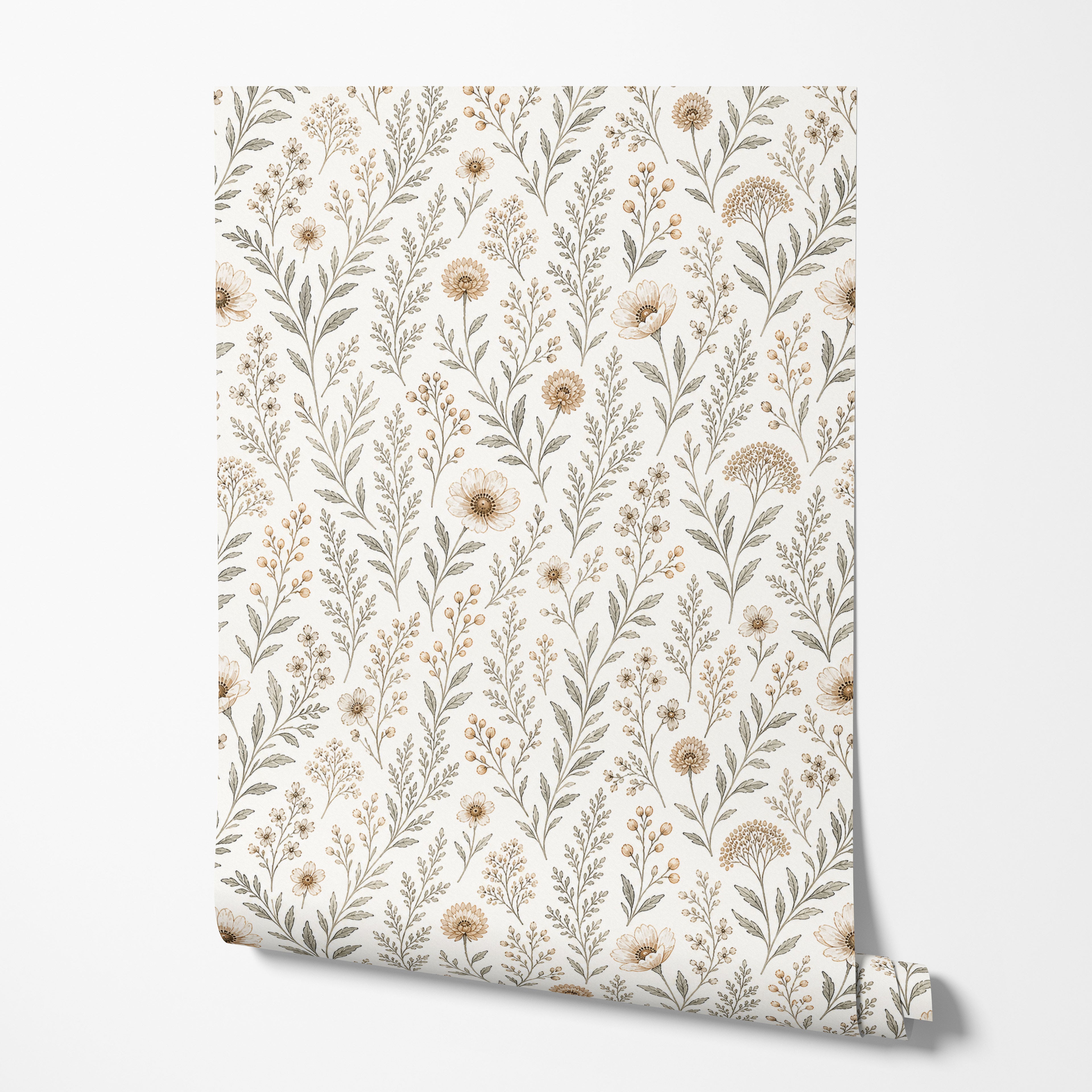 Beige Vintage Wildflower Wallpaper