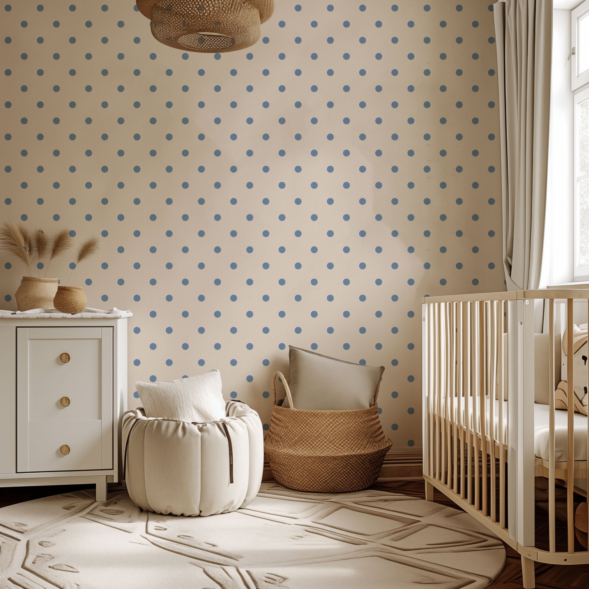 blue polka dots wallpaper, premium peel & stick, 12 inchesx12 inches sample, dots; beige, wallpaper decor