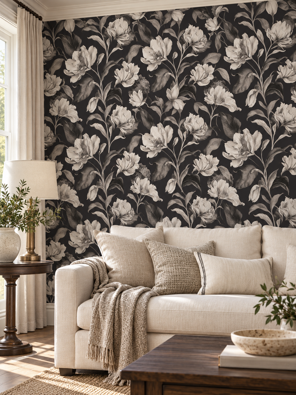 Monochrome Botanical peel and stick wallpaper
