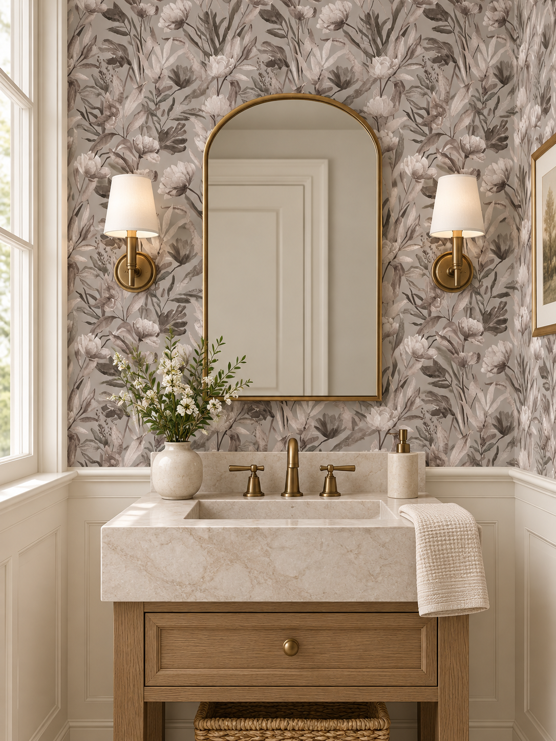 Soft Greige Botanical peel and stick wallpaper