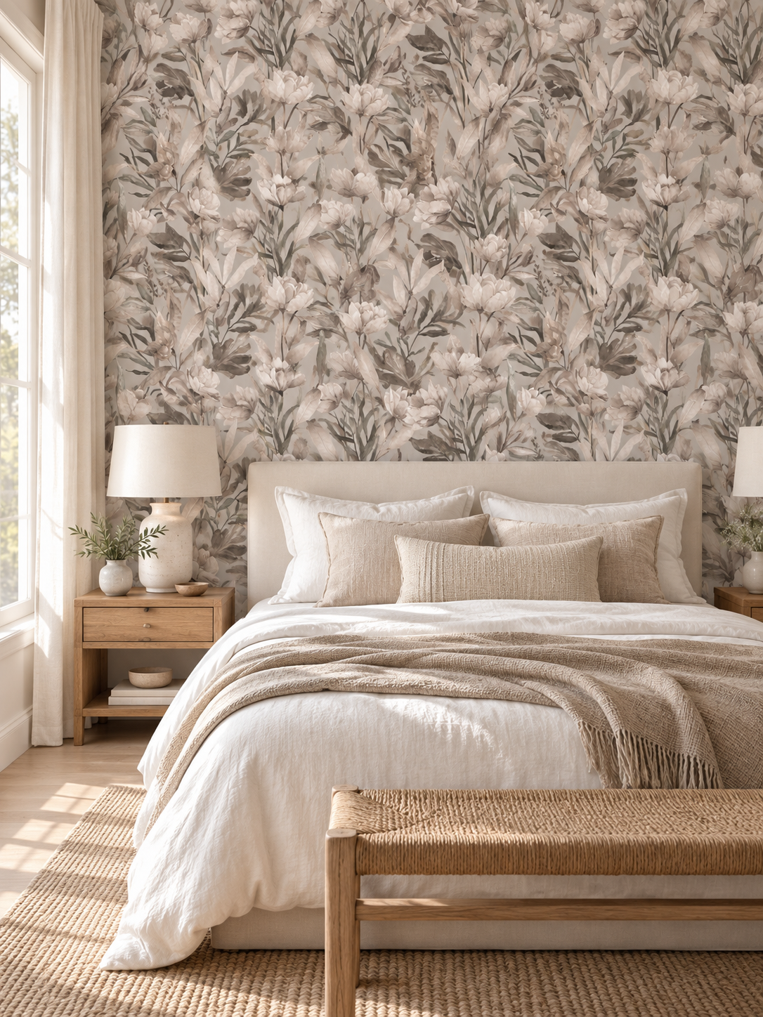 Soft Greige Botanical peel and stick wallpaper