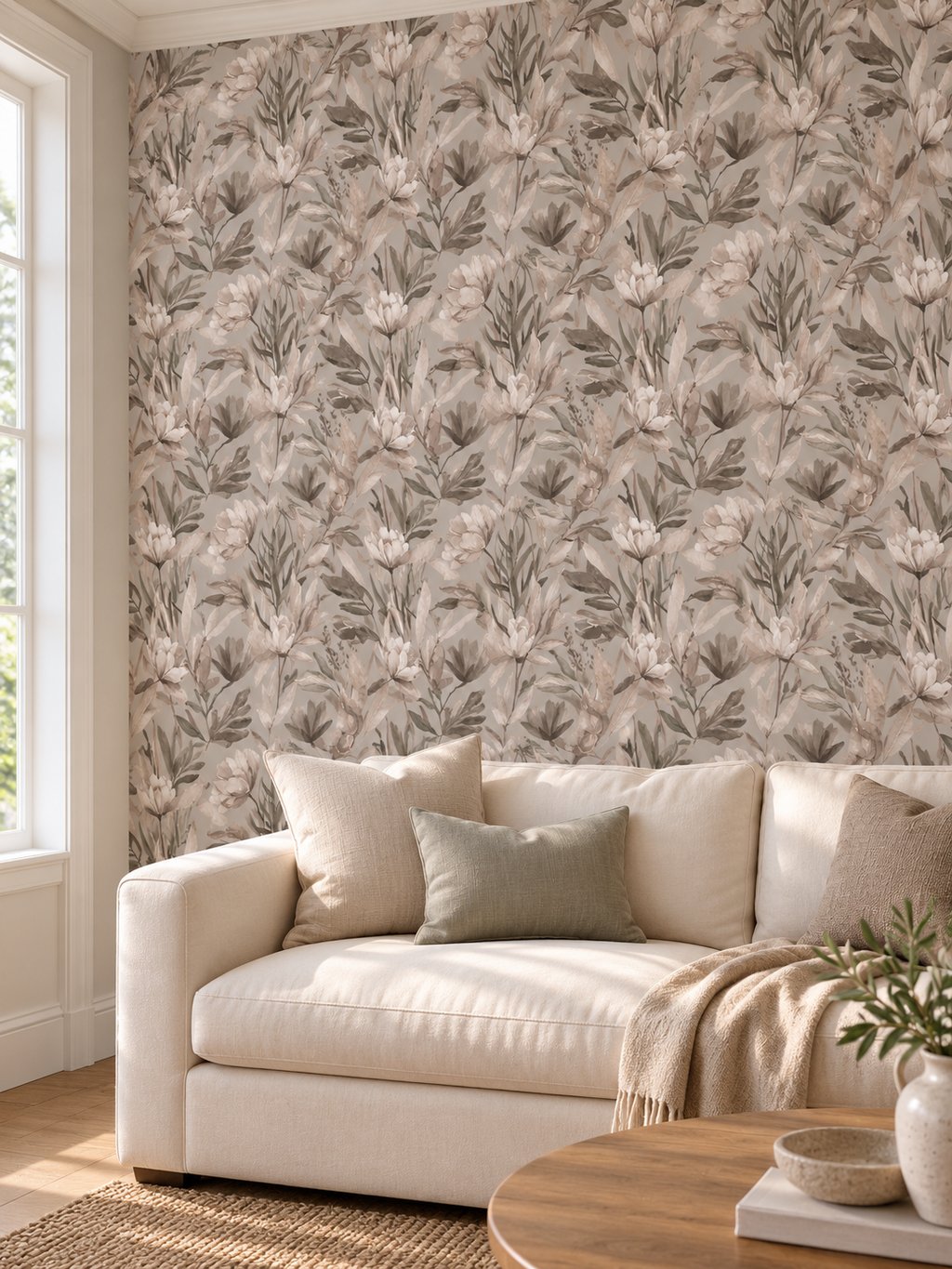 Soft Greige Botanical peel and stick wallpaper