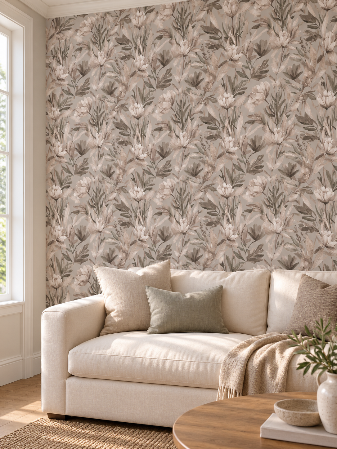 Soft Greige Botanical peel and stick wallpaper