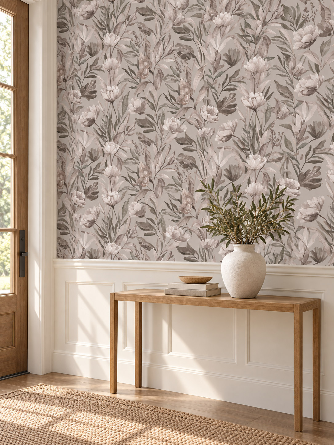 Soft Greige Botanical peel and stick wallpaper
