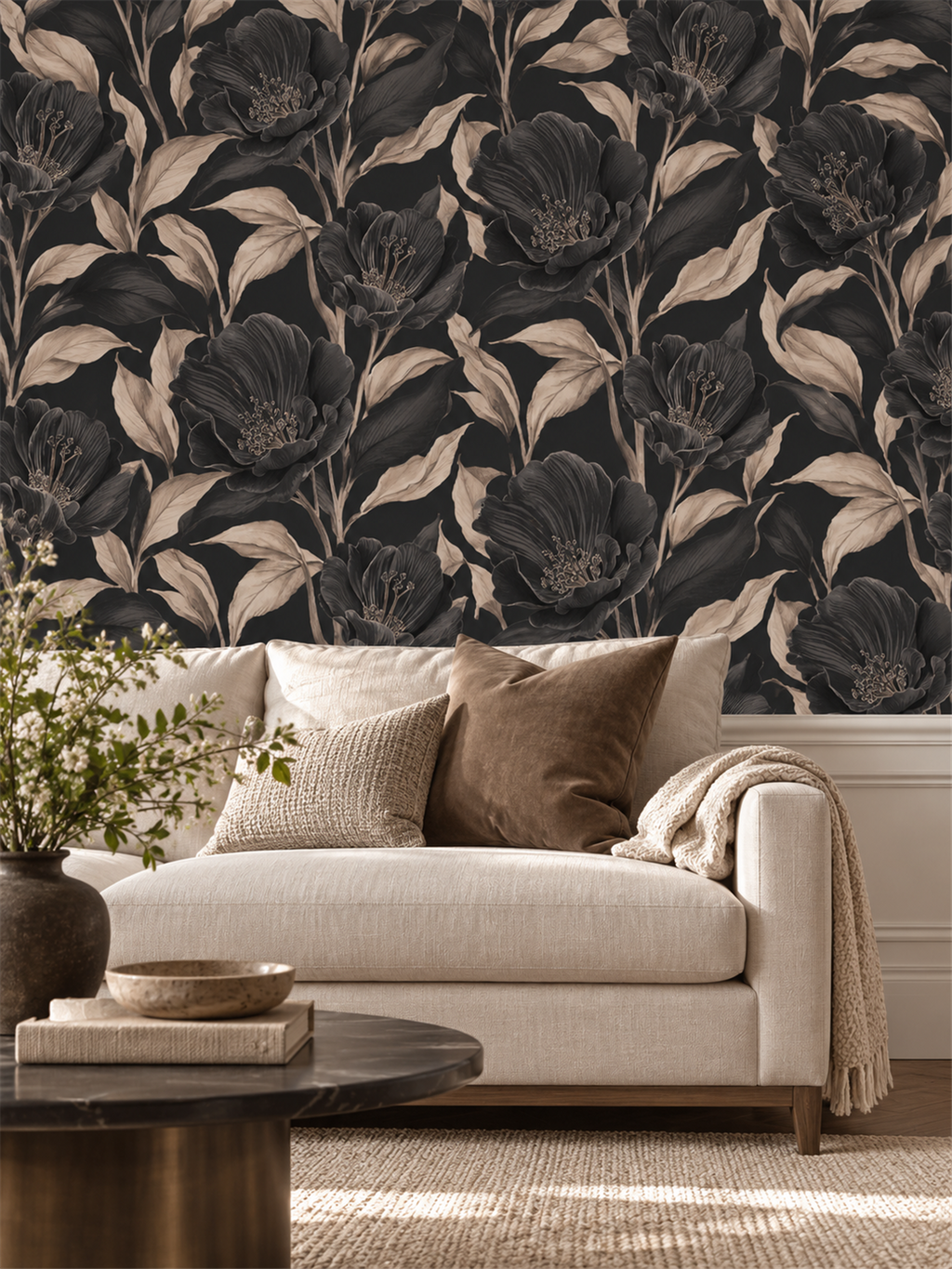 Dark Botanical peel and stick wallpaper