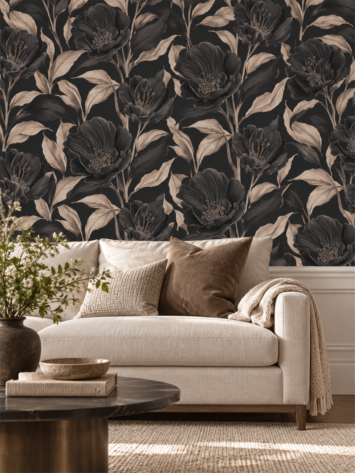 Dark Botanical peel and stick wallpaper