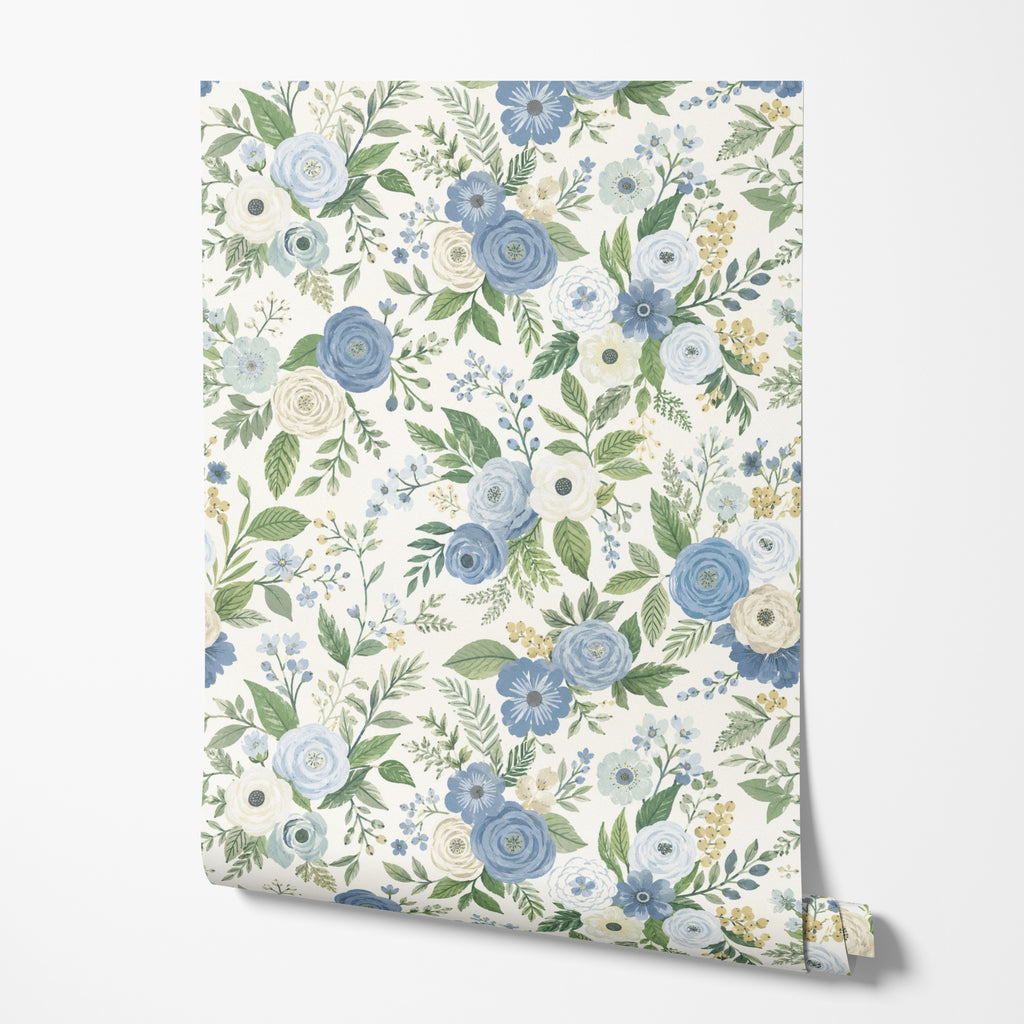 Blue Watercolor Floral peel and stick wallpaper
