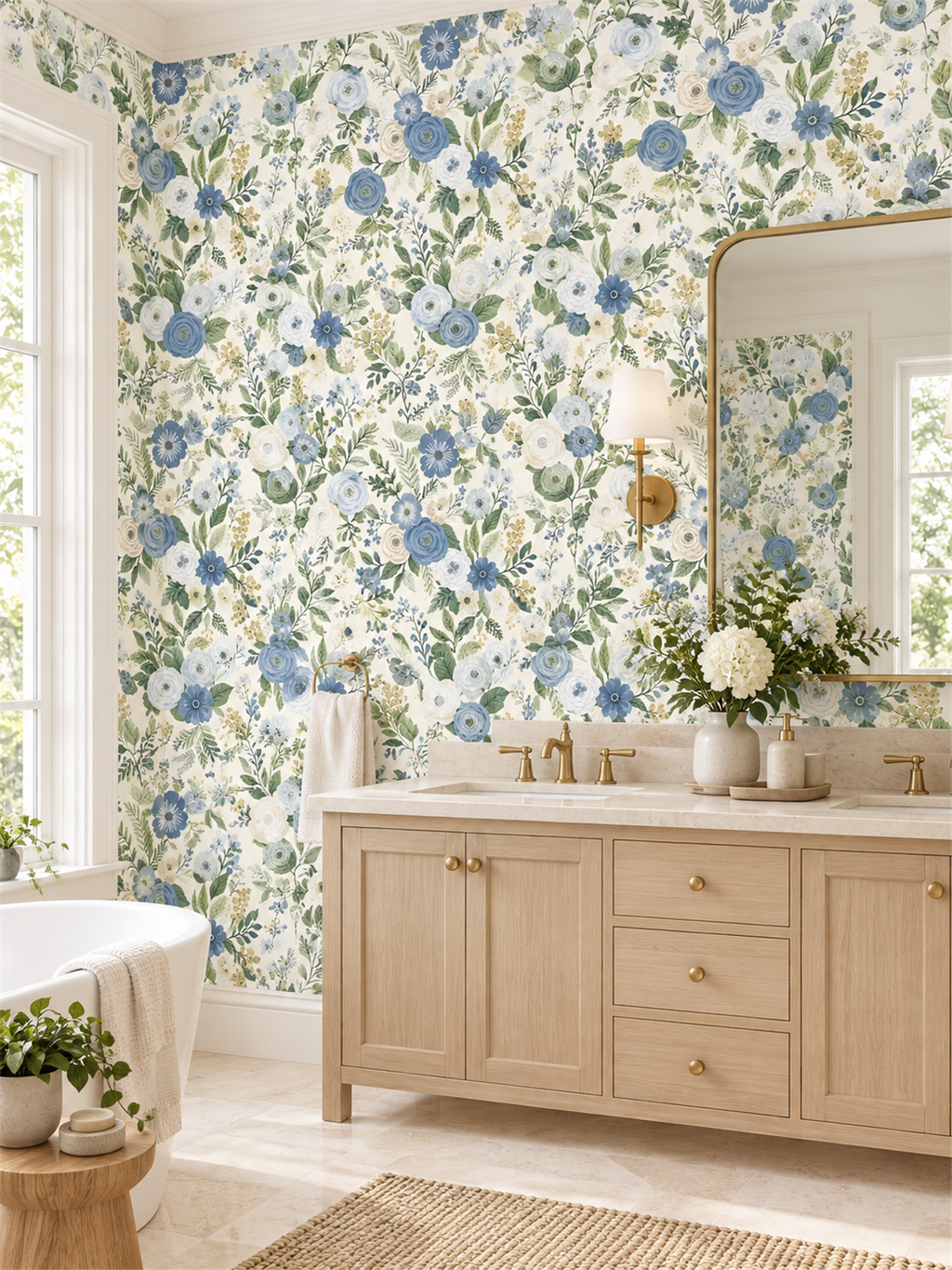 Blue Watercolor Floral peel and stick wallpaper