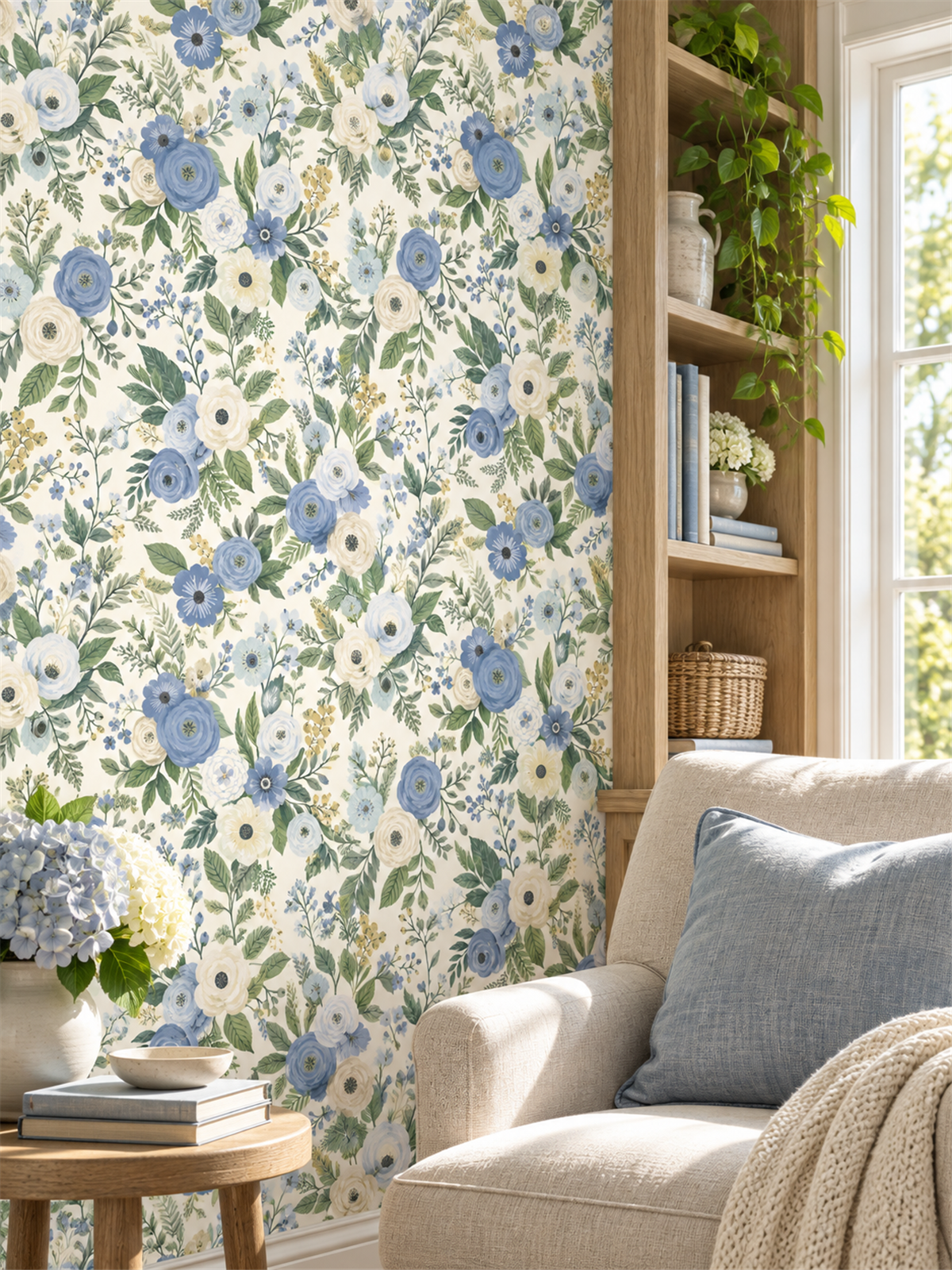 Blue Watercolor Floral peel and stick wallpaper