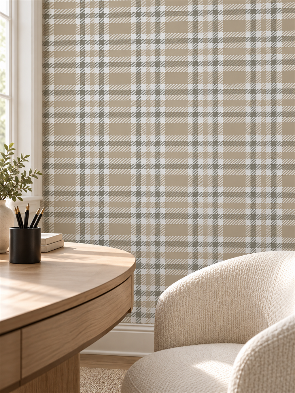 Taupe Gray Plaid peel and stick wallpaper