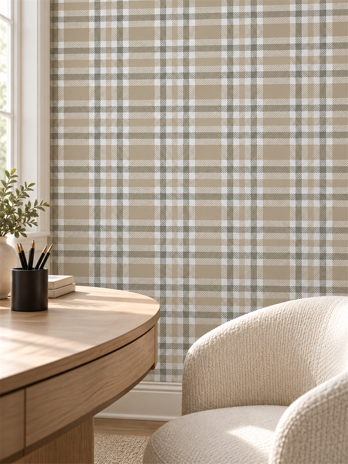 Taupe Gray Plaid peel and stick wallpaper