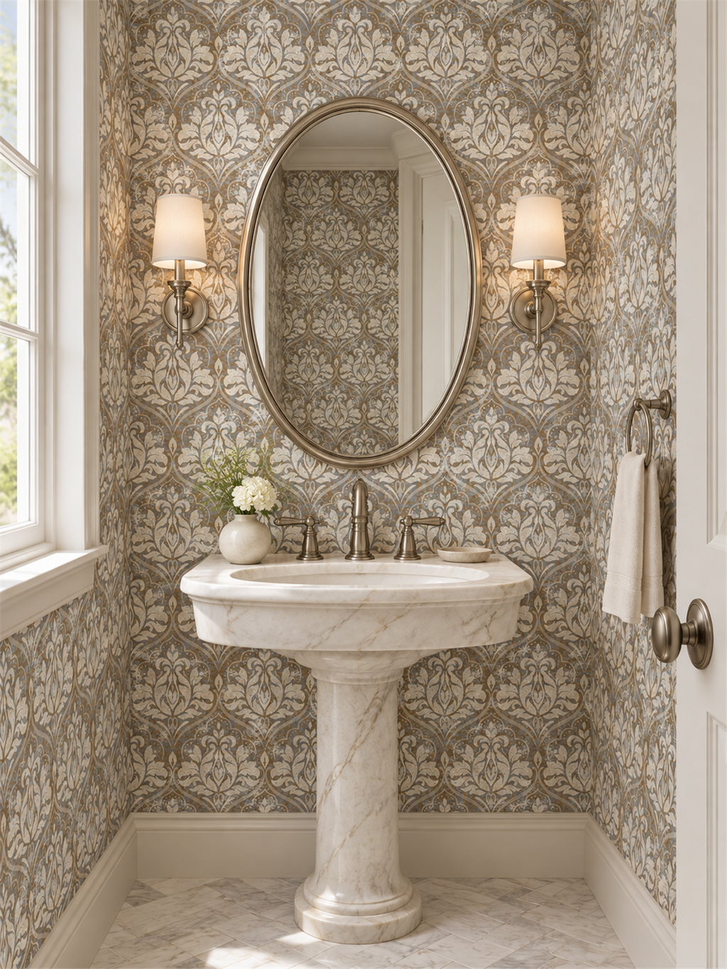 Taupe Damask peel and stick wallpaper