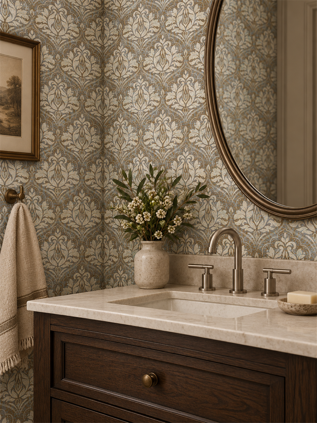 Taupe Damask peel and stick wallpaper