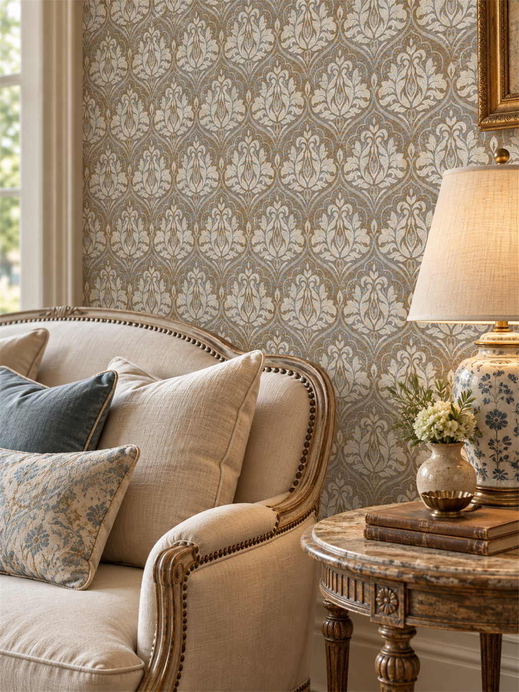 Taupe Damask peel and stick wallpaper