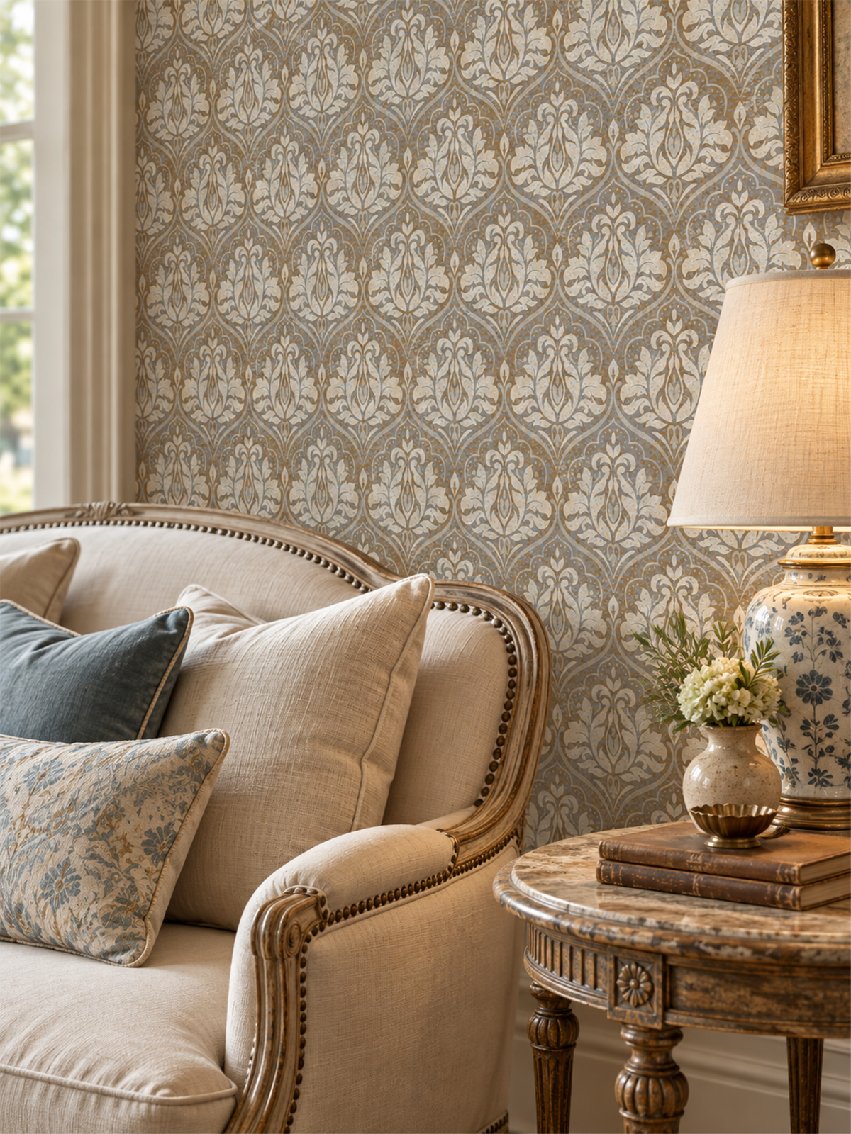 Taupe Damask peel and stick wallpaper