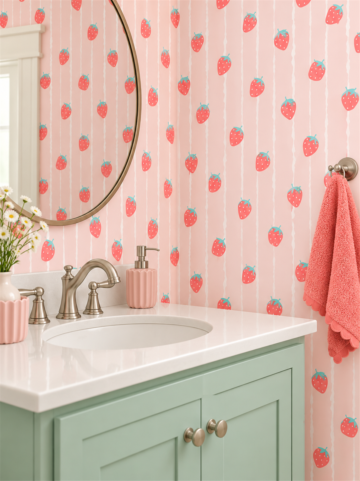 Strawberry Stripe peel and stick wallpaper