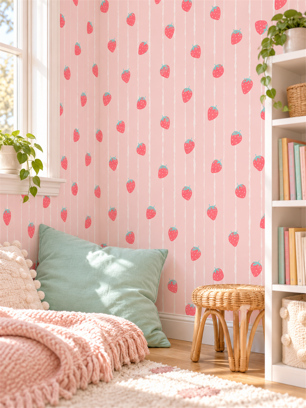 Strawberry Stripe peel and stick wallpaper