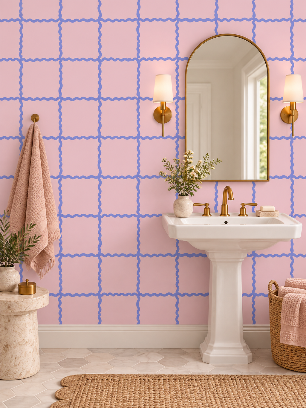 Pink Wavy Grid peel and stick wallpaper
