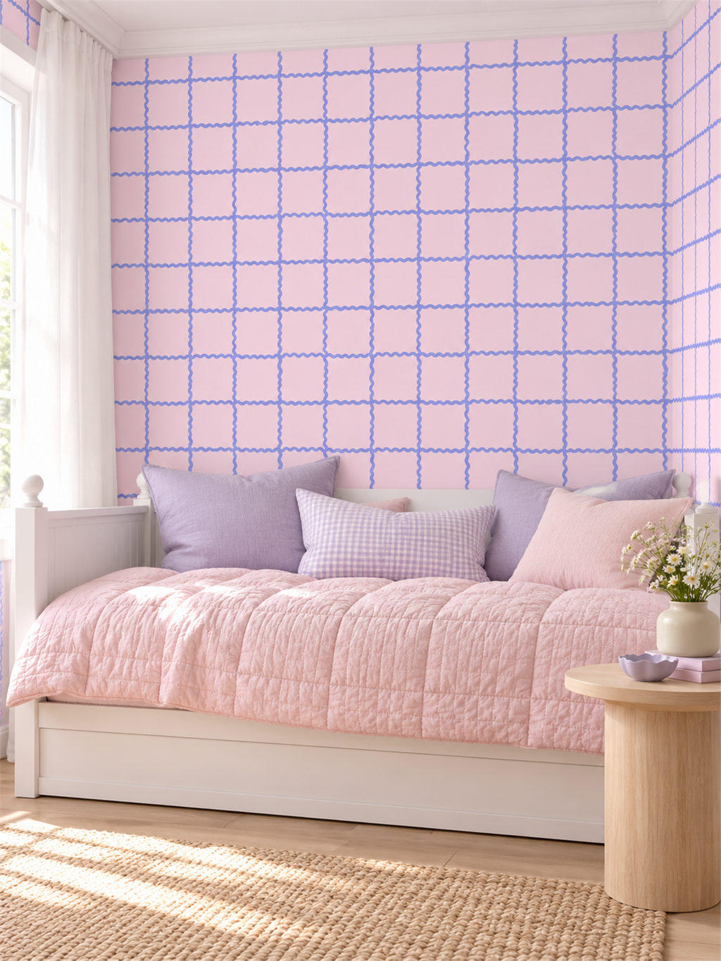 Pink Wavy Grid peel and stick wallpaper