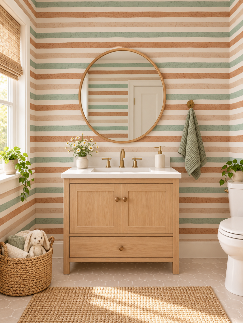 Pastel Sage Terracotta Stripe peel and stick wallpaper