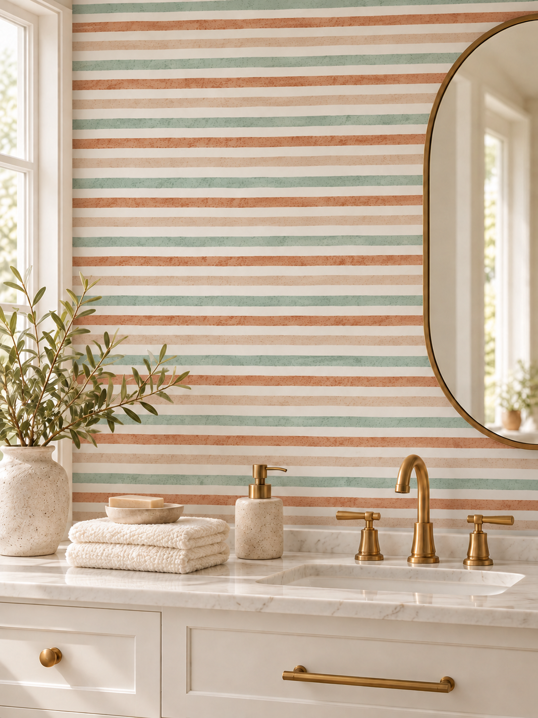 Pastel Sage Terracotta Stripe peel and stick wallpaper
