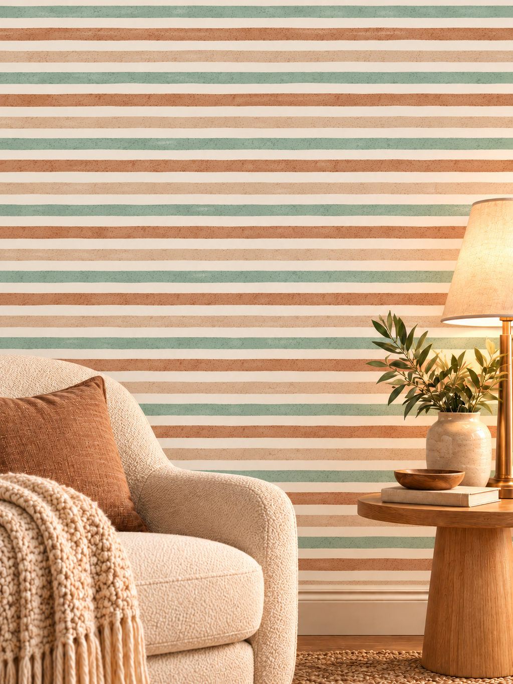 Pastel Sage Terracotta Stripe peel and stick wallpaper