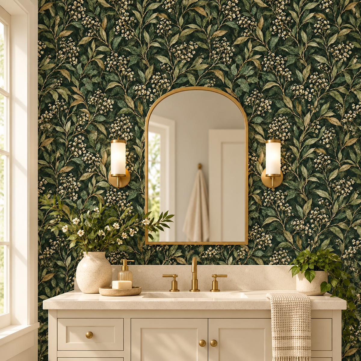 Evergreen Leaf Blossom peel and stick wallpaper