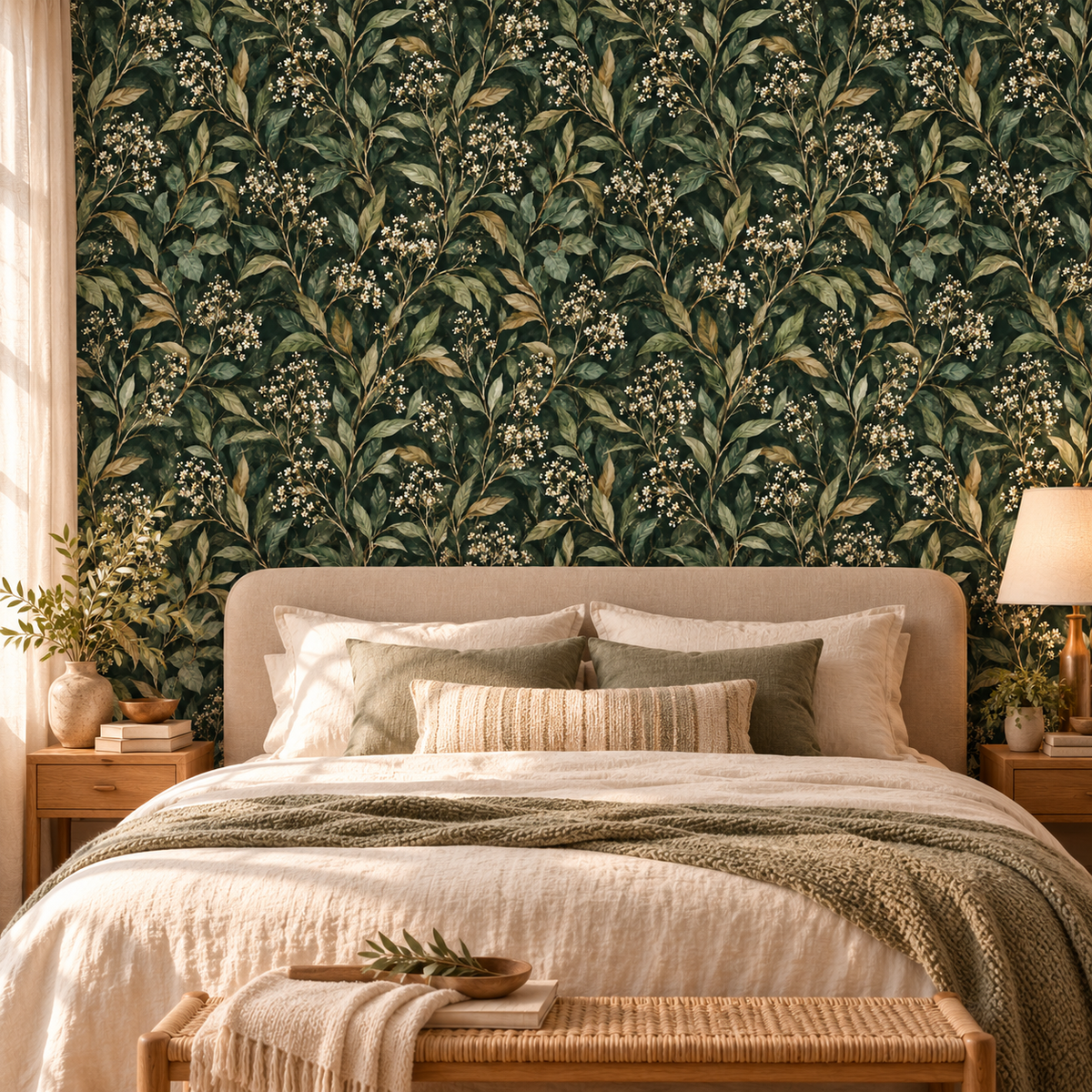 Evergreen Leaf Blossom peel and stick wallpaper