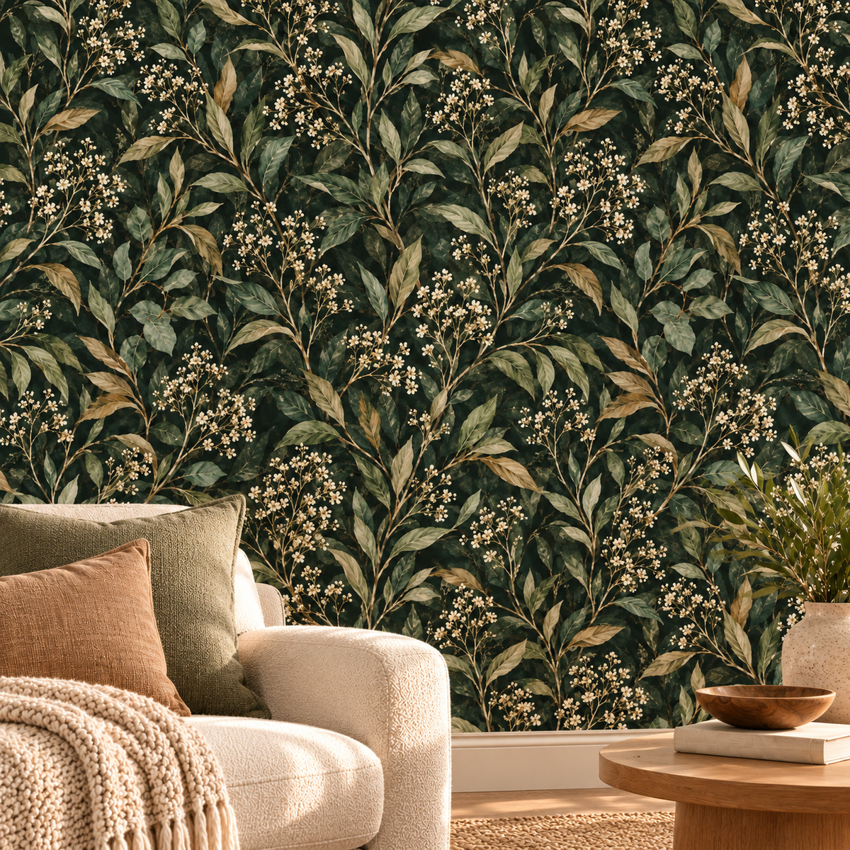 Evergreen Leaf Blossom peel and stick wallpaper