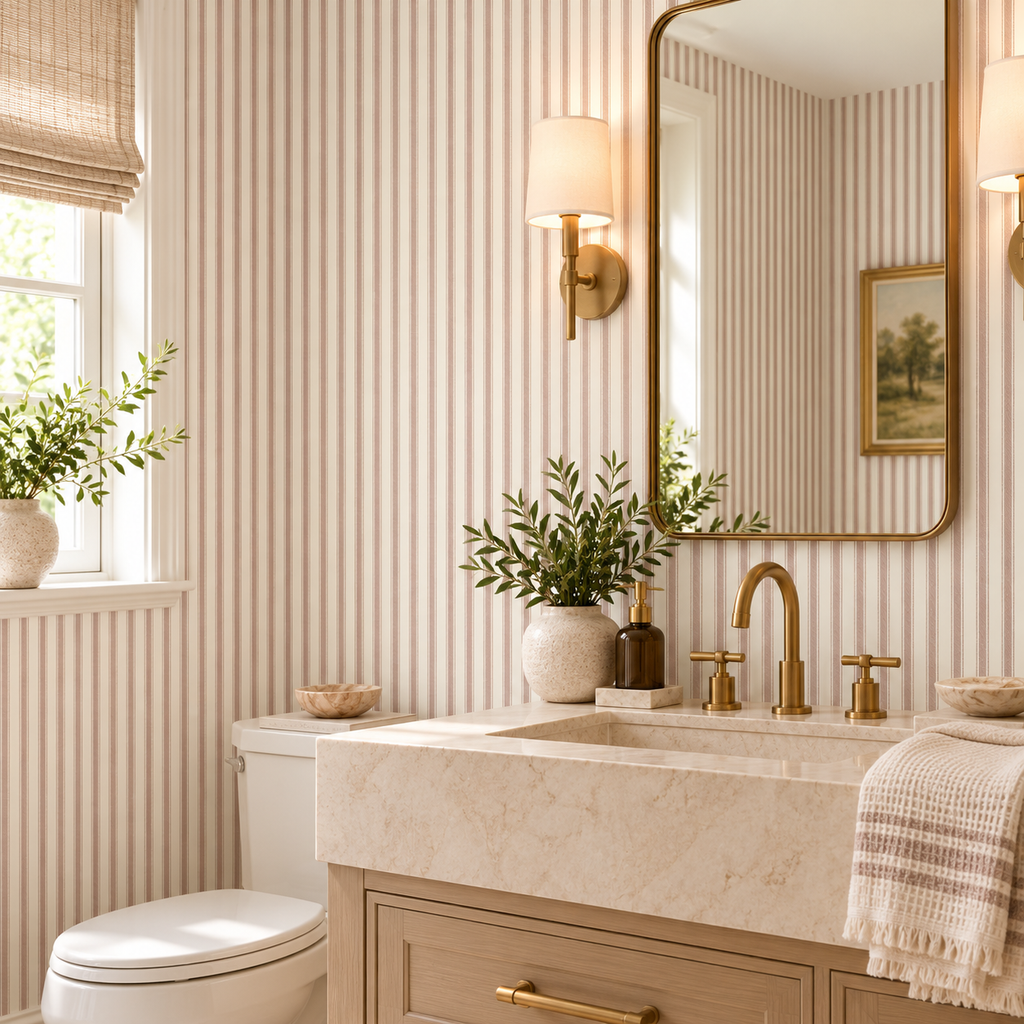 Blush Ivory Pinstripe peel and stick wallpaper