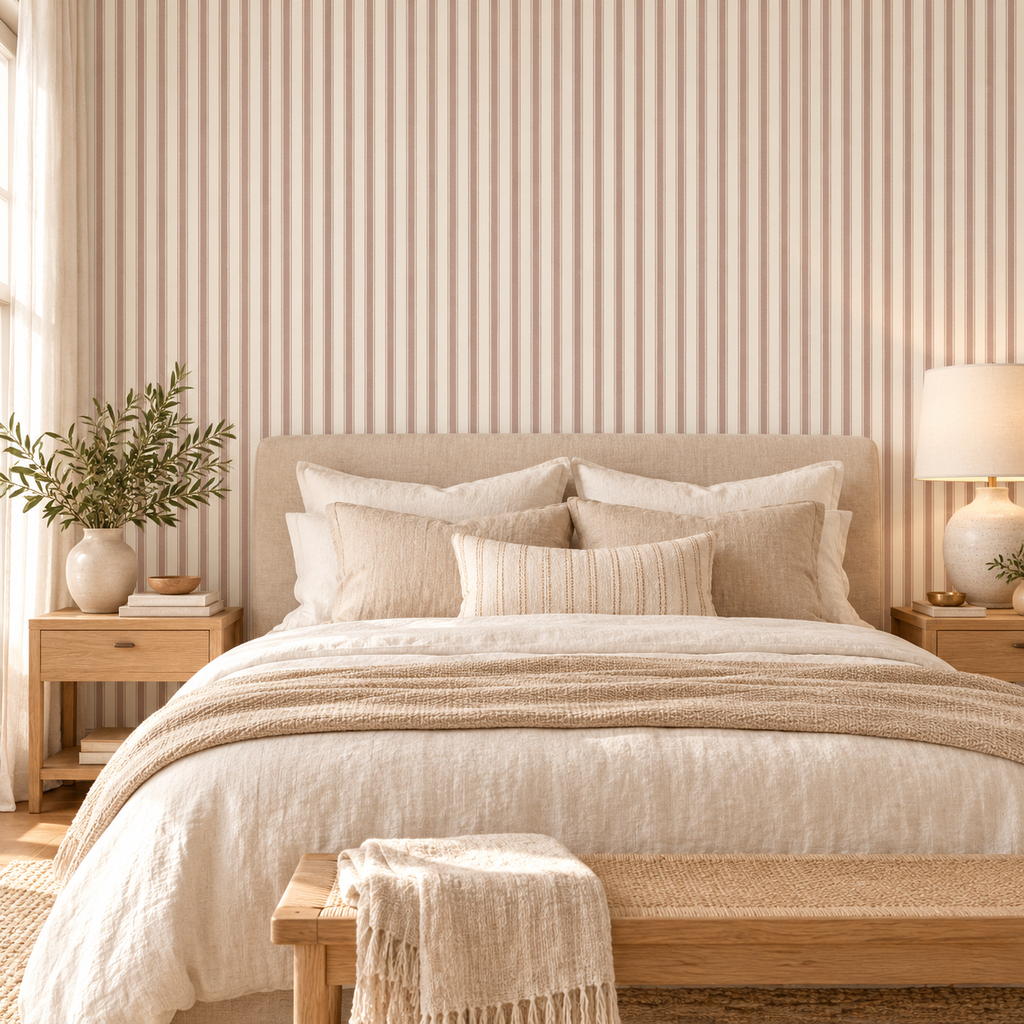 Blush Ivory Pinstripe peel and stick wallpaper
