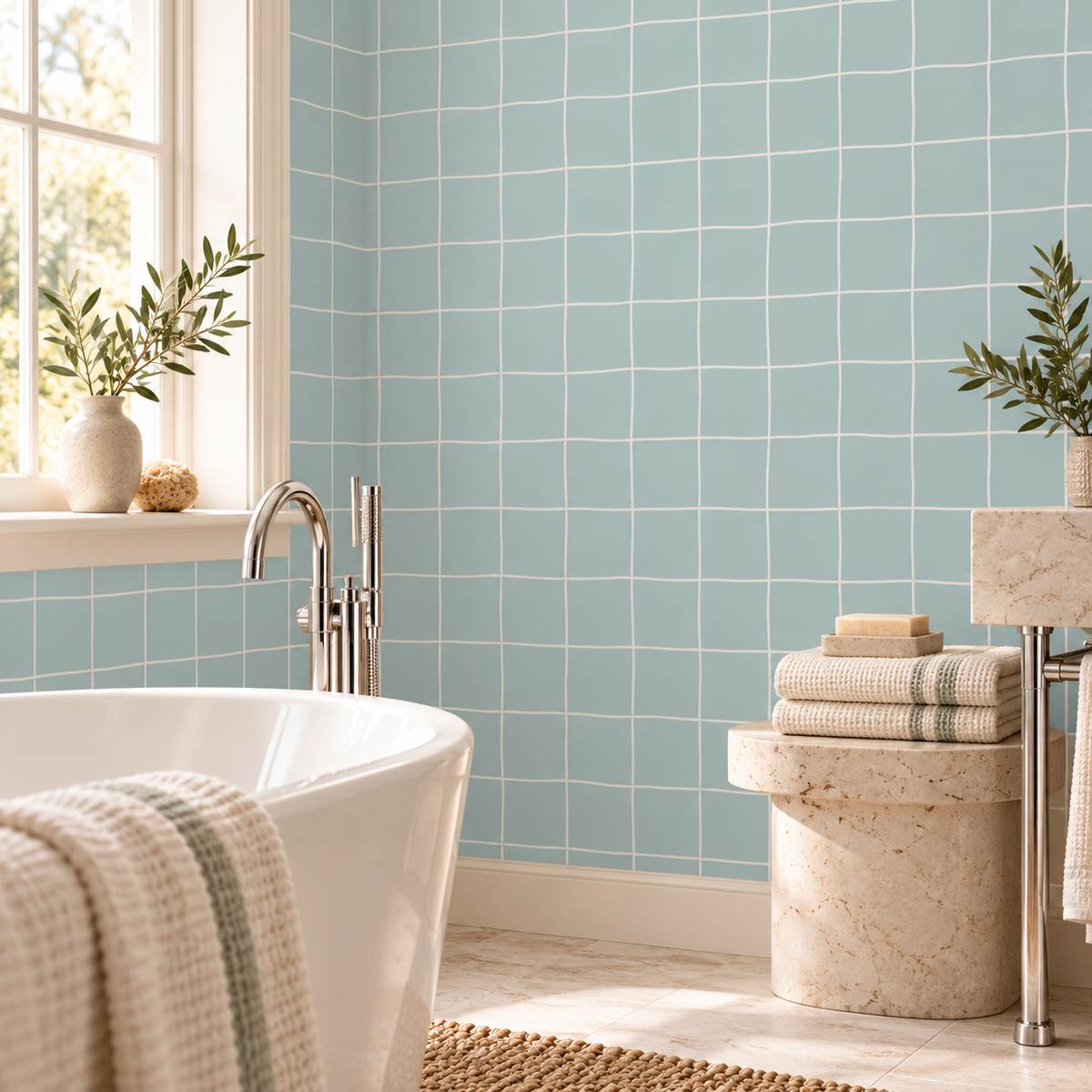 Mist Blue Windowpane peel and stick wallpaper