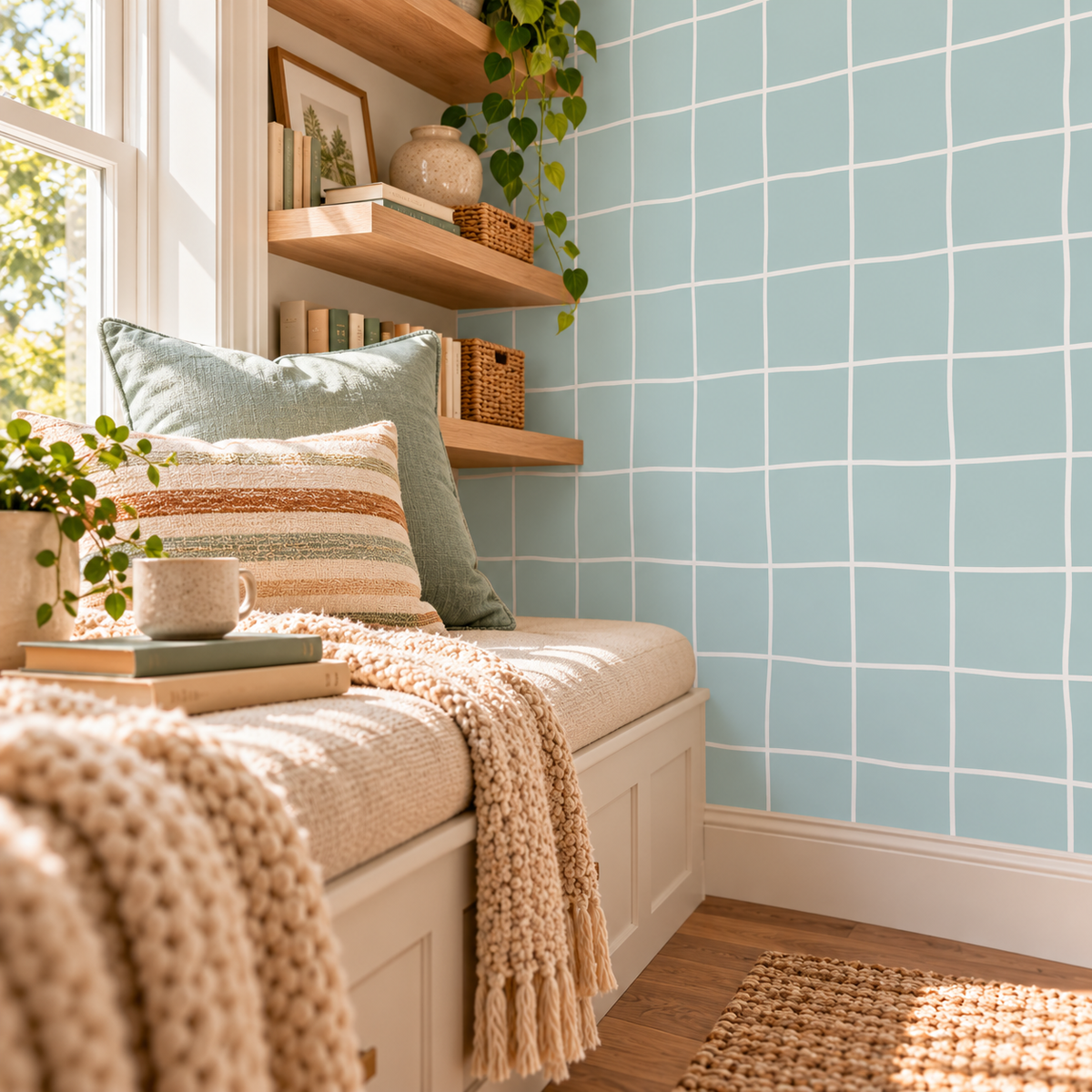 Mist Blue Windowpane peel and stick wallpaper