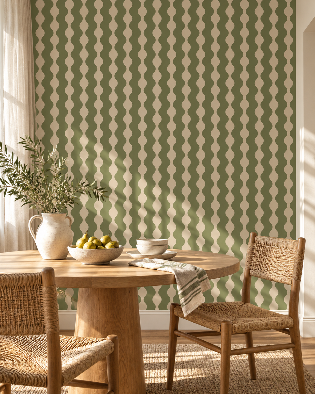 Olive Wave Wallpaper WP424-dining-mockup