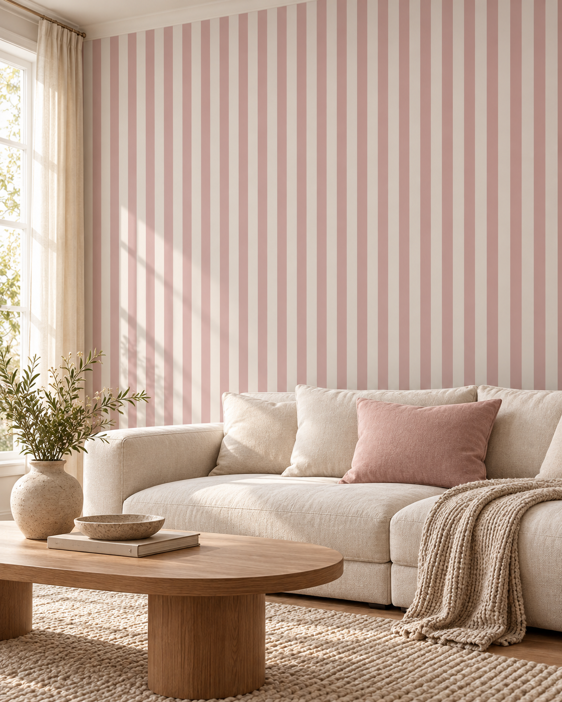 Blush Stripe Wallpaper WP426-living-mockup2