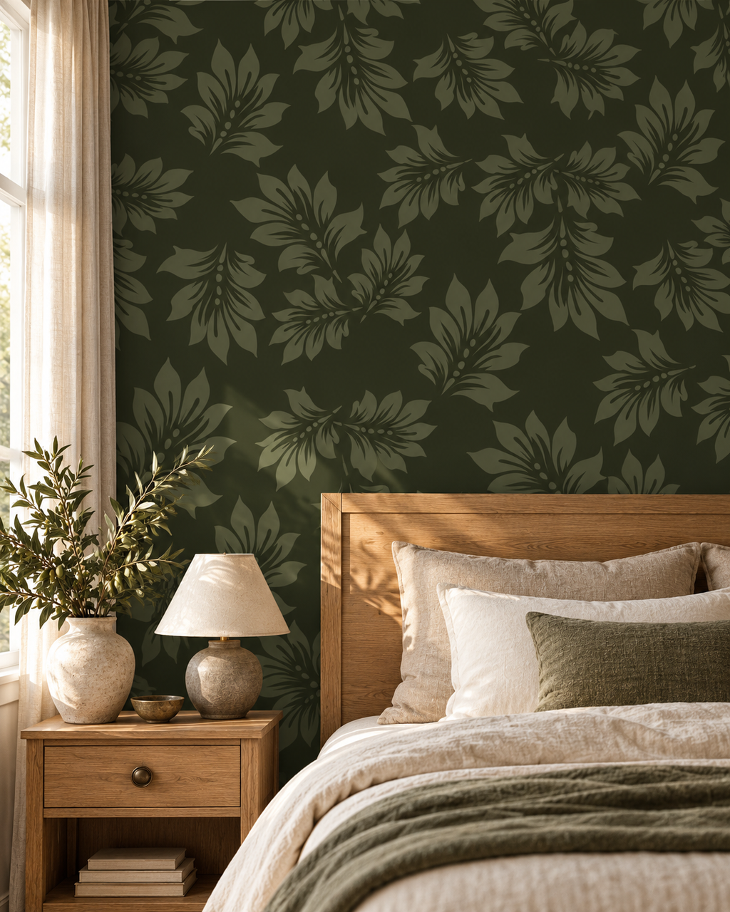 Olive Botanical Wallpaper in a styled interior