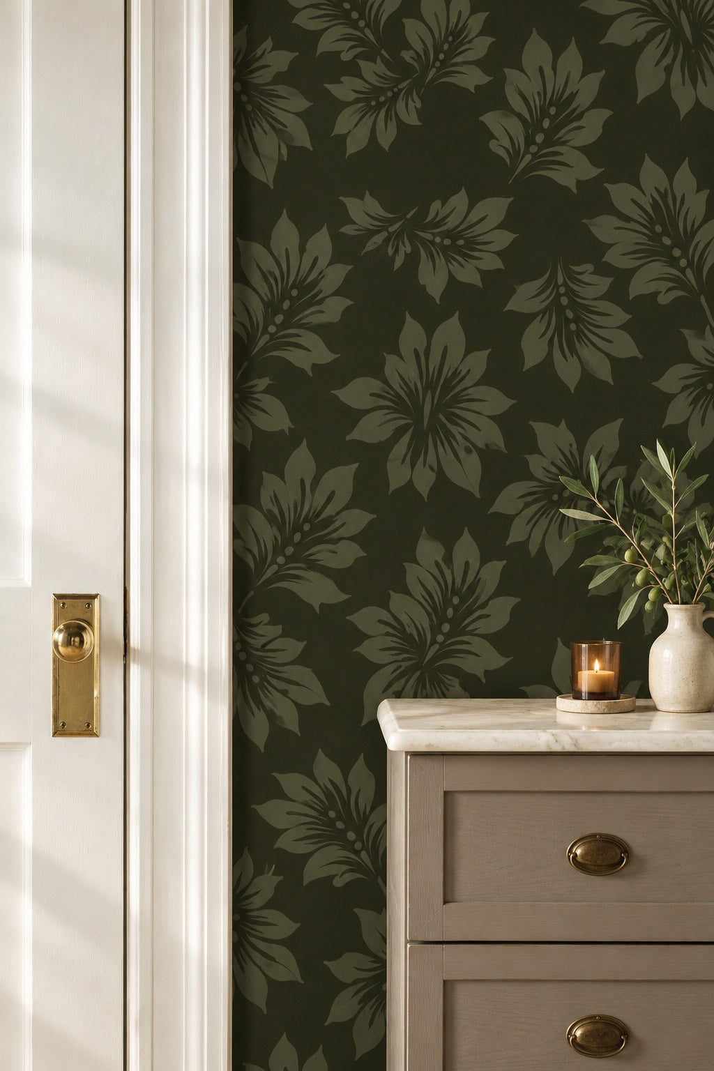 Olive Botanical Wallpaper in a styled interior