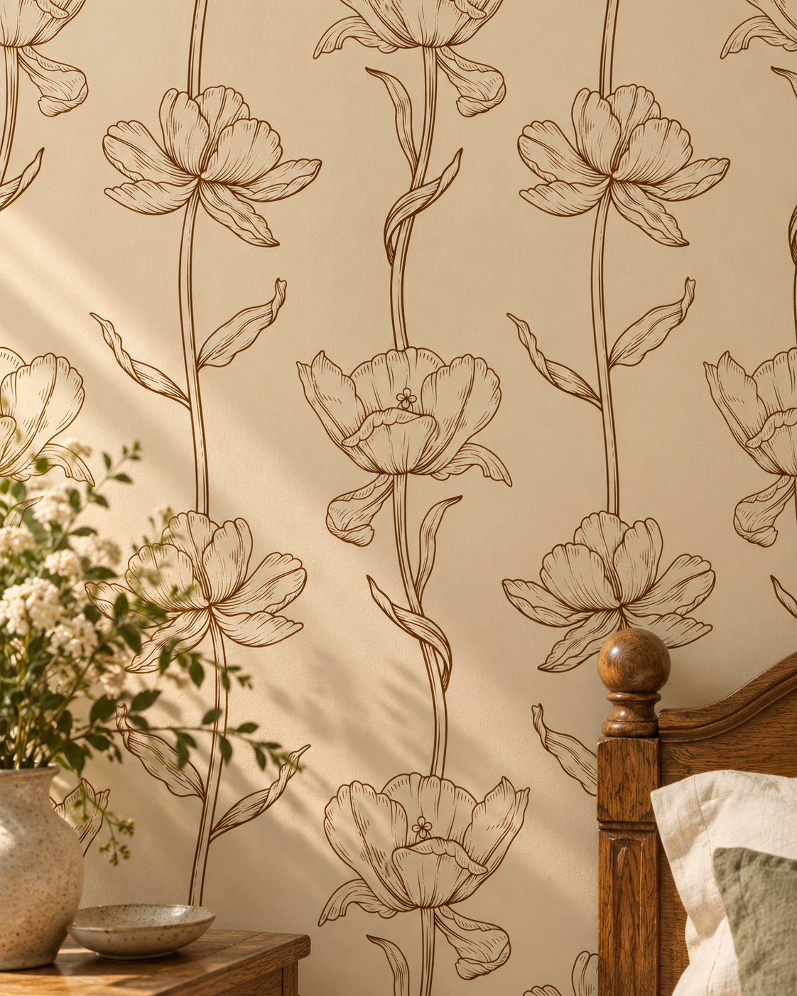 Sepia Floral Wallpaper in a styled interior